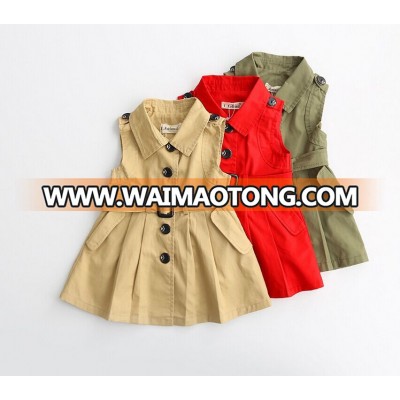 New coat design girls sleeveless belt trench coat khaki green red 3 color avaliable