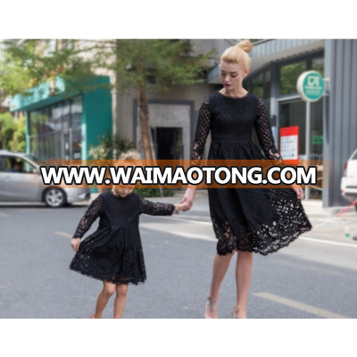 Ready sale 2017 girl child women matching dress lace hollow out long sleeve dresses