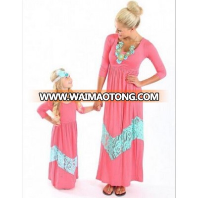 Family matching clothing pink lace splice dress