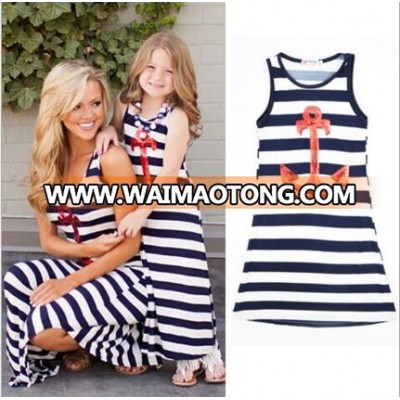 Blue and white strip long sundress family set matching mother daughter dresses