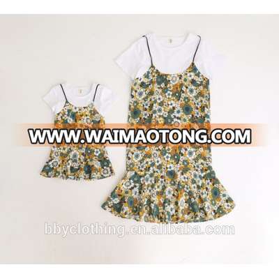 Wholesale holiday family set flower printed mother daughter matching dress in stock